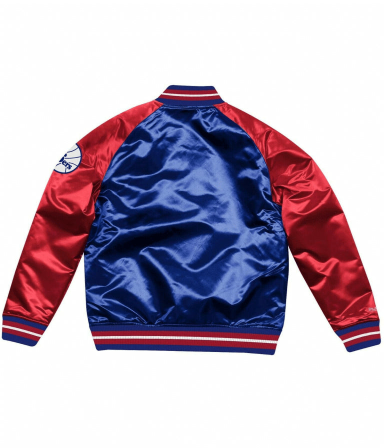 Philadelphia 76ers NBA  Full-Varsity Blue and Red Satin Men's Bomber Jacket