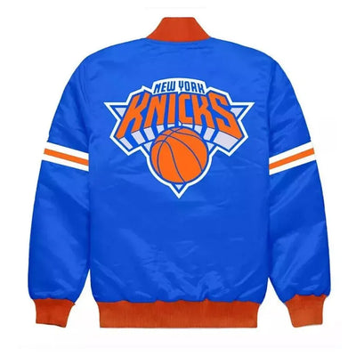 New York Knick Striped Full-Snap Varsity  Blue/White Satin Men's Bomber Jacket