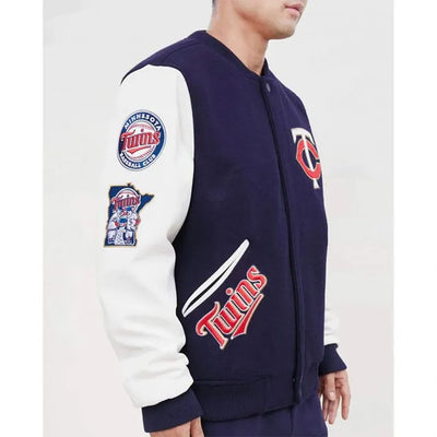 Minnesota Twins Navy Blue Wool & White Leather Sleeves Varsity Men's Jacket