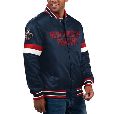 New Orleans Pelicans Home Game Full-Snap Varsity Navy Blue Satin Men's Bomber Jacket