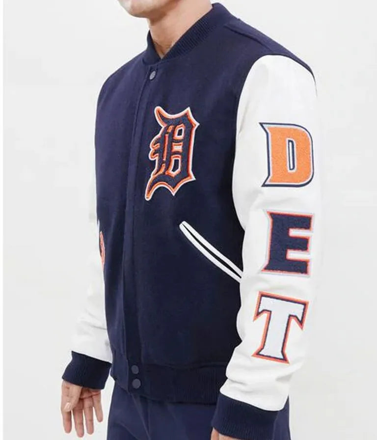 Detroit Tigers Blue Wool & White Leather Sleeves Varsity Men's Jacket