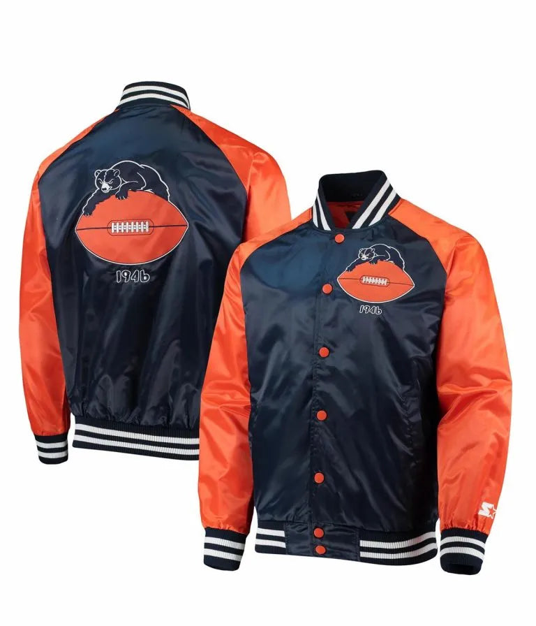 Chicago Bears Clean Up Throwback Varsity Navy Blue and Orange Satin Men's Bomber Jacket
