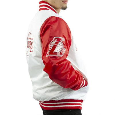 Los Angeles Lakers Full-Snap Varsity White and Red Satin Men's Bomber Jacket