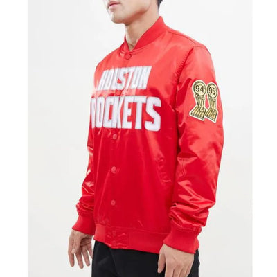 Houston Rockets Big Logo Full-Snap Varsity Red Satin Men's Bomber Jacket