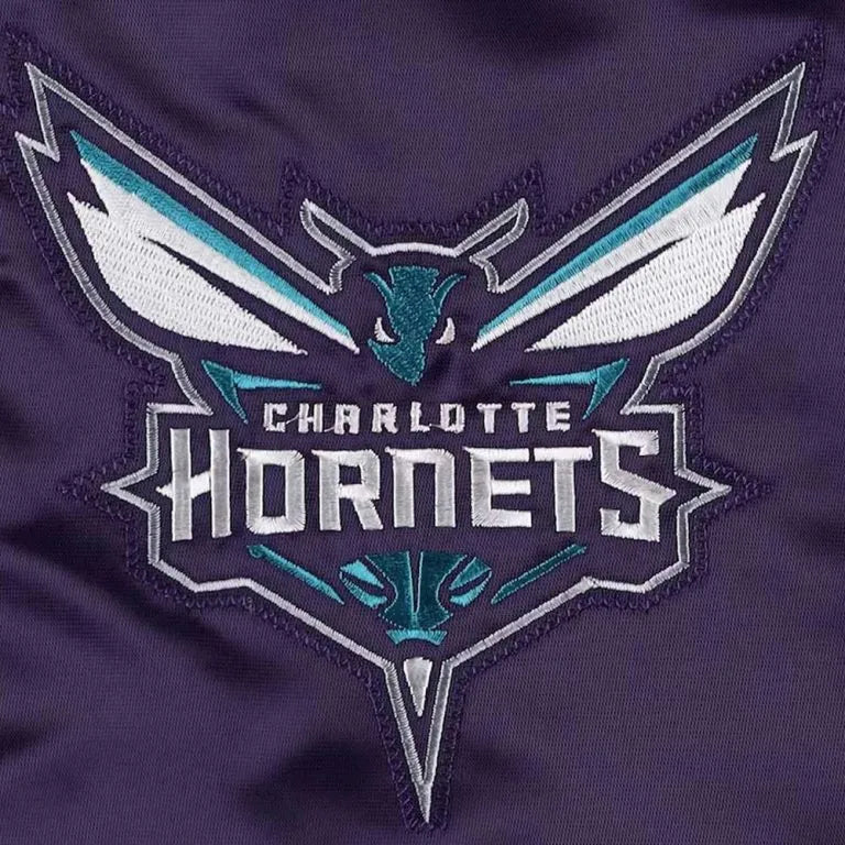Charlotte Hornets Force Play Full-Snap Varsity Purple Satin Men's Bomber Jacket