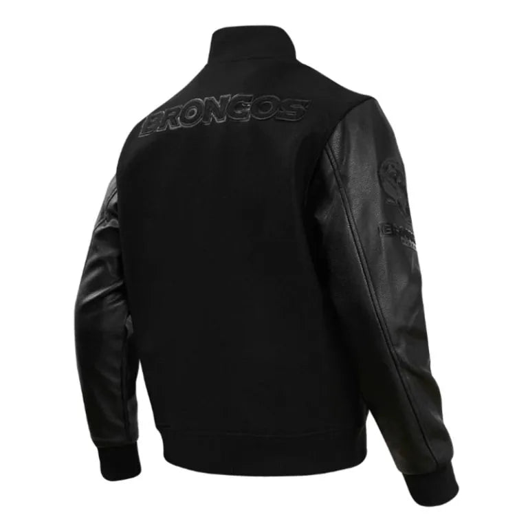 Denver Broncos Triple Black Wool & Genuine Leather Sleeves Men's Varsity Jacket