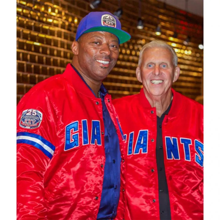 New York Giants 25th Anniversary Full-Snap Varsity Red Satin Men's Bomber Jacket