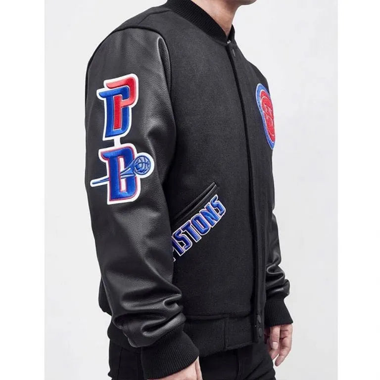 Detroit Pistons Mashup Varsity Black Wool and Genuine Leather Sleeves Men's Bomber Jacket