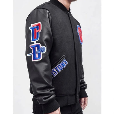 Detroit Pistons Mashup Varsity Black Wool and Genuine Leather Sleeves Men's Bomber Jacket