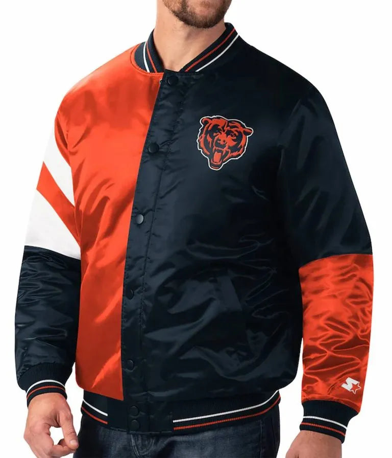 Chicago Bears Leader Full-Snap Varsity Navy Blue and Orange Satin Men's Bomber Jacket