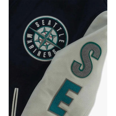Seattle Mariners Script Tail Navy Blue Wool & White Leather Sleeves Varsity Men's Jacket