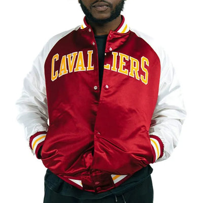 Cleveland Cavaliers Prime Time Full-Snap Varsity Burgundy and White Satin Men's Bomber Jacket