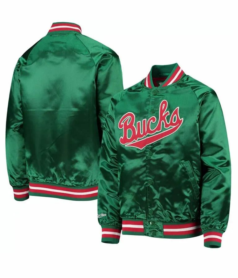 Milwaukee Bucks Hardwood Classics Full-Snap Varsity Green Satin Men's Bomber Jacket