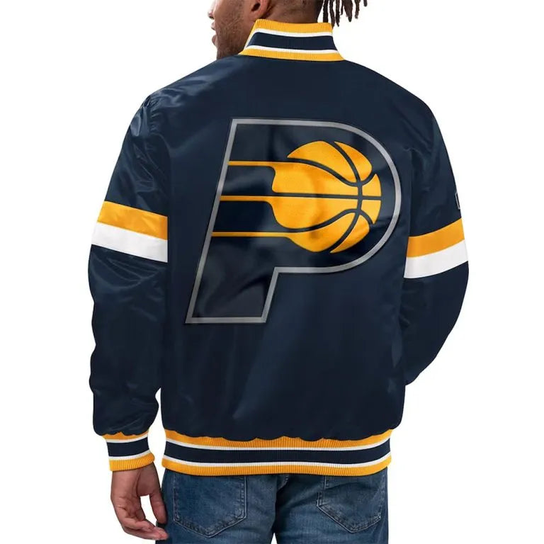 Indiana Pacers Home Game Full-Snap Varsity Navy Blue Satin Men's Bomber Jacket