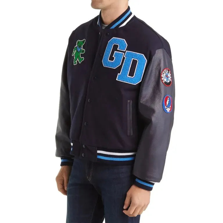 Grateful Dead High Navy Blue Wool & Genuine Leather Sleeves Men's Letterman Varsity Jacket