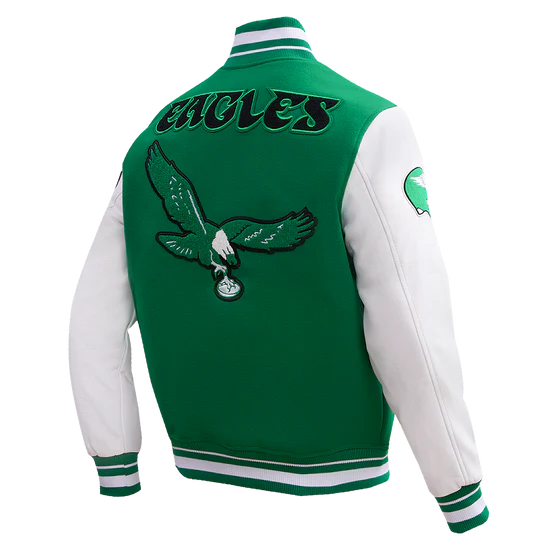 Philadelphia Eagles Mash Up Retro Classic Green Wool & White Genuine Leather Sleeves Men's Varsity Letterman Jacket
