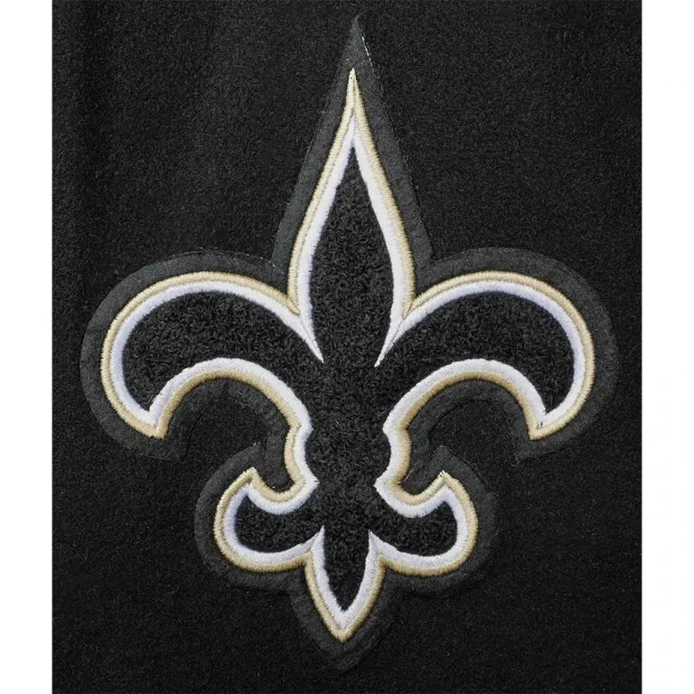 New Orleans Saints Logo Mash Up Black Wool & White Genuine Leather Sleeves Men's Varsity Letterman Jacket