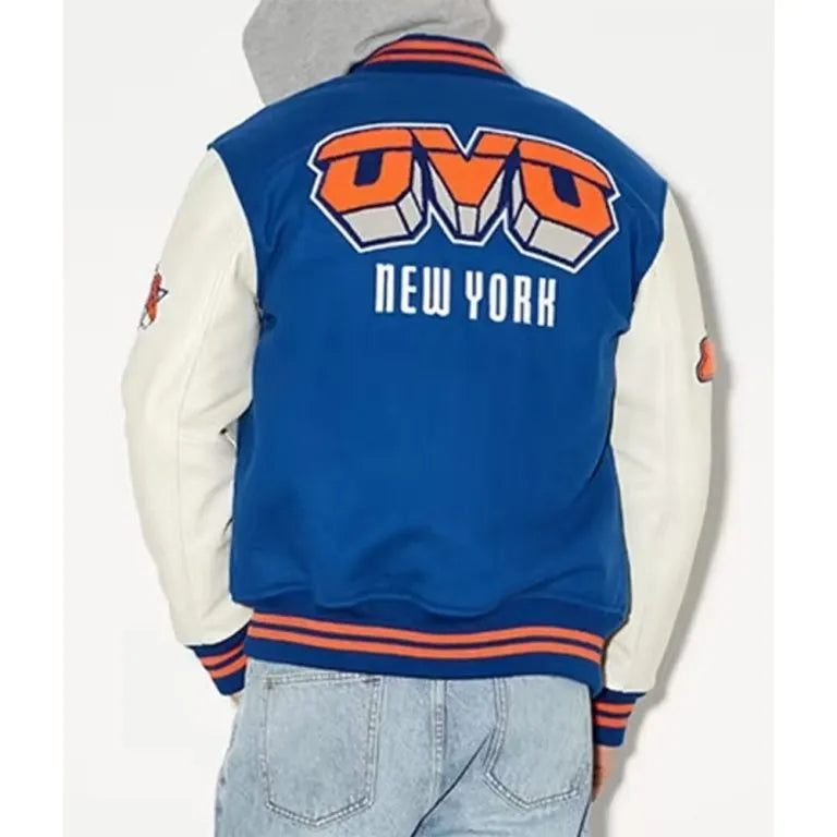 OVO New York Knicks Varsity Blue Wool & White Genuine Leather Sleeves Men's Letterman Jacket