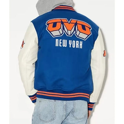 OVO New York Knicks Varsity Blue Wool & White Genuine Leather Sleeves Men's Letterman Jacket