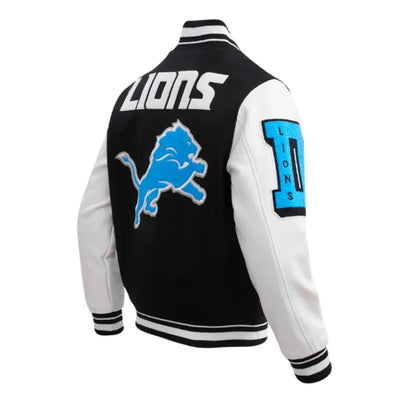 Detroit Lions Mashup Rib Black Wool & White Genuine Leather Sleeves Men's Varsity Jacket