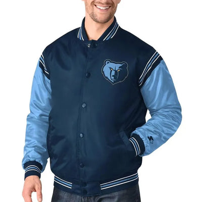 Memphis Grizzlies The Enforcer Full-Snap Varsity Navy/Light Blue Satin Men's Bomber Jacket