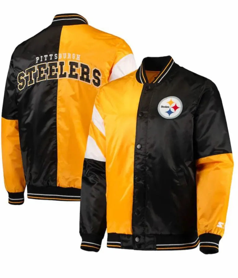 Pittsburgh Steelers Full-Snap Varsity Black and Yellow Satin Men's Bomber Jacket