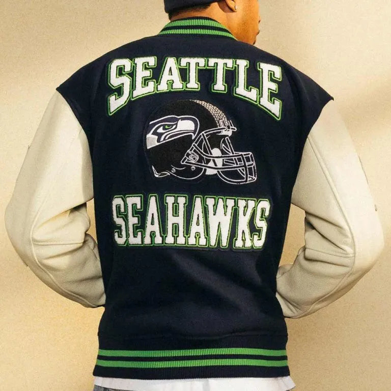 OVO Seattle Seahawks Navy Blue Wool & White Genuine Leather Sleeves Men's Varsity Letterman Jacket