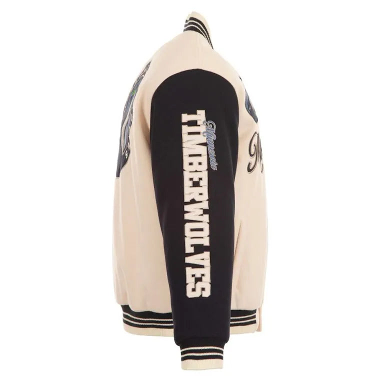 Minnesota Timberwolves Varsity Cream Wool & Black Genuine Leather Sleeves Men's Jacket