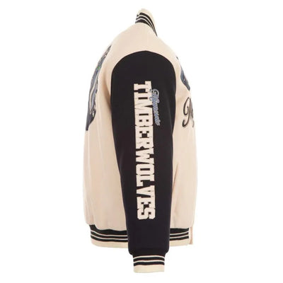 Minnesota Timberwolves Varsity Cream Wool & Black Genuine Leather Sleeves Men's Jacket