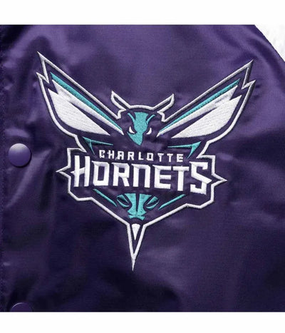 Charlotte Hornets Reliever Raglan Full-Snap Varsity Purple/Teal Satin Men's Bomber Jacket