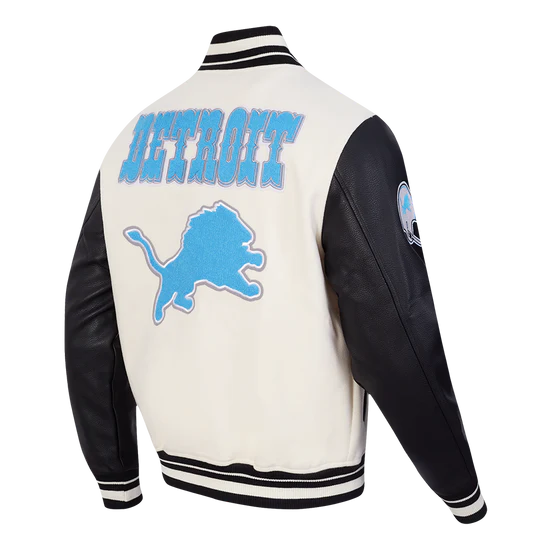Detroit Lions Off White Wool & Black Genuine Leather Sleeves Men's Varsity Jacket