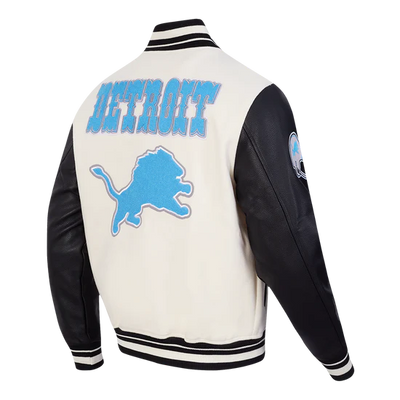 Detroit Lions Off White Wool & Black Genuine Leather Sleeves Men's Varsity Jacket
