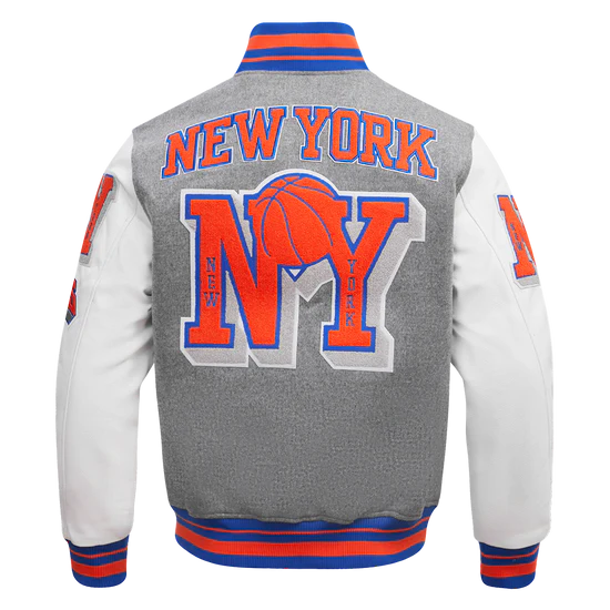 New York Knicks Varsity Gray Wool & White Genuine Leather Sleeves Men's Letterman Jacket
