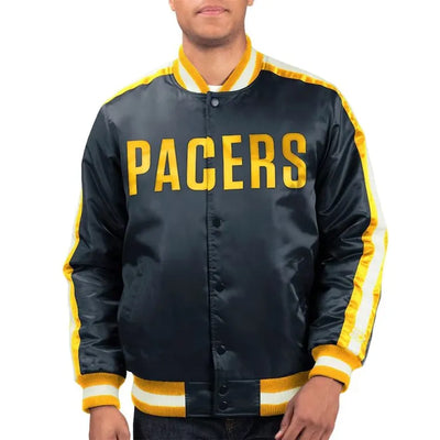 Indiana Pacers The Offensive Full-Snap Varsity Navy Blue Satin Men's Bomber Jacket