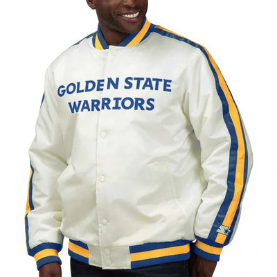 Golden State Warriors The Defensive Full-Snap Varsity White Satin Men's Bomber Jacket