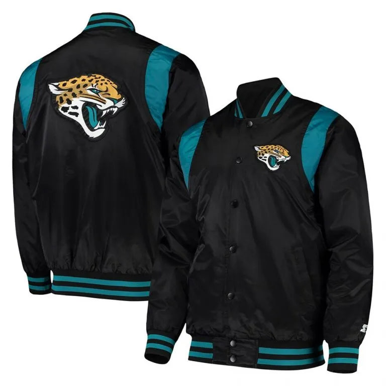 Jacksonville Jaguars Full-Snap Varsity Black and Teal Satin Men's Bomber Jacket