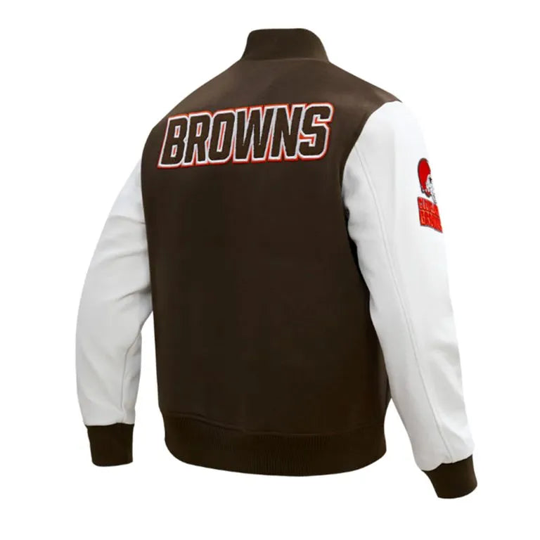 Cleveland Browns Classic Brown Wool & White Genuine Leather Sleeves Men's Varsity Jacket