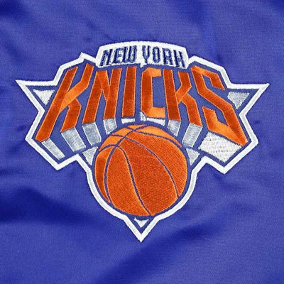 New York Knick Pick & Roll Full-Snap Varsity Blue Satin Men's Bomber Jacket