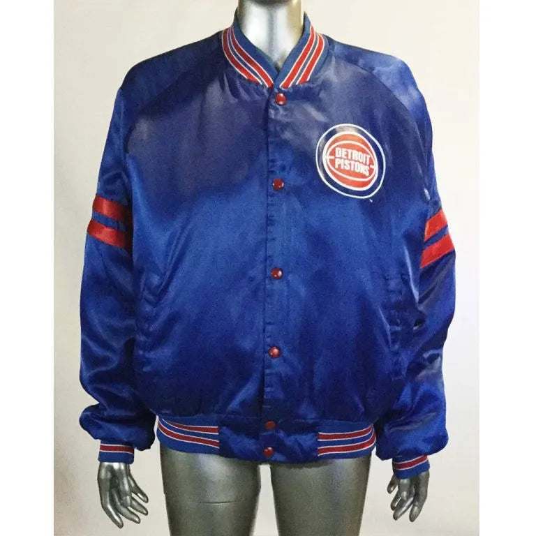 Detroit Pistons Pick and Roll Full-Snap Varsity Blue Satin Men's Bomber Jacket