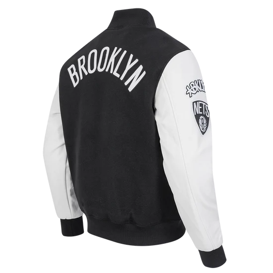 Brooklyn Nets NBA Black Wool & White Genuine Leather Sleeves Men's Varsity Letterman Jacket