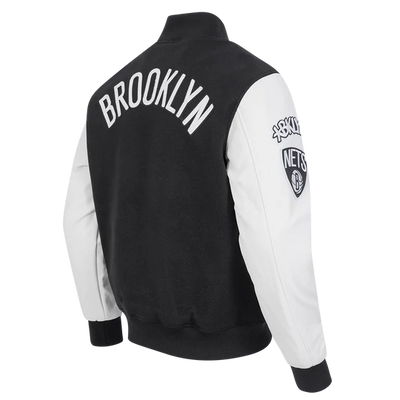 Brooklyn Nets NBA Black Wool & White Genuine Leather Sleeves Men's Varsity Letterman Jacket