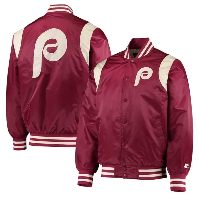 Philadelphia Phillies Full-Snap Burgundy Satin Men's Bomber Jacket