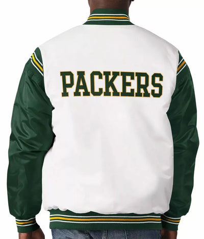 Green Bay Packers Historic Renegade Full-Snap Varsity White and Green Satin Men's Bomber Jacket