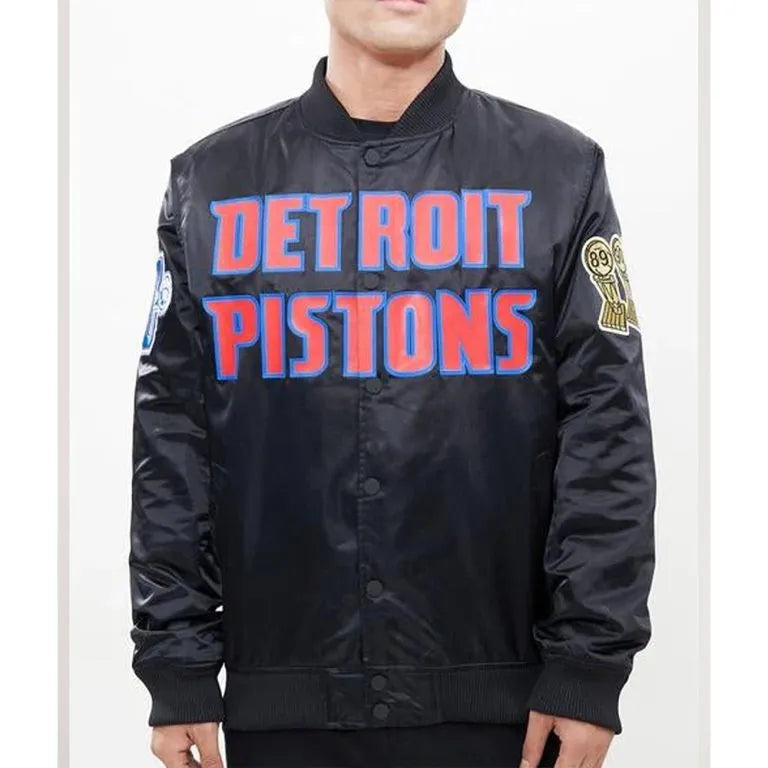 Detroit Pistons Big Logo Full-Snap Varsity Black Satin Men's Bomber Jacket