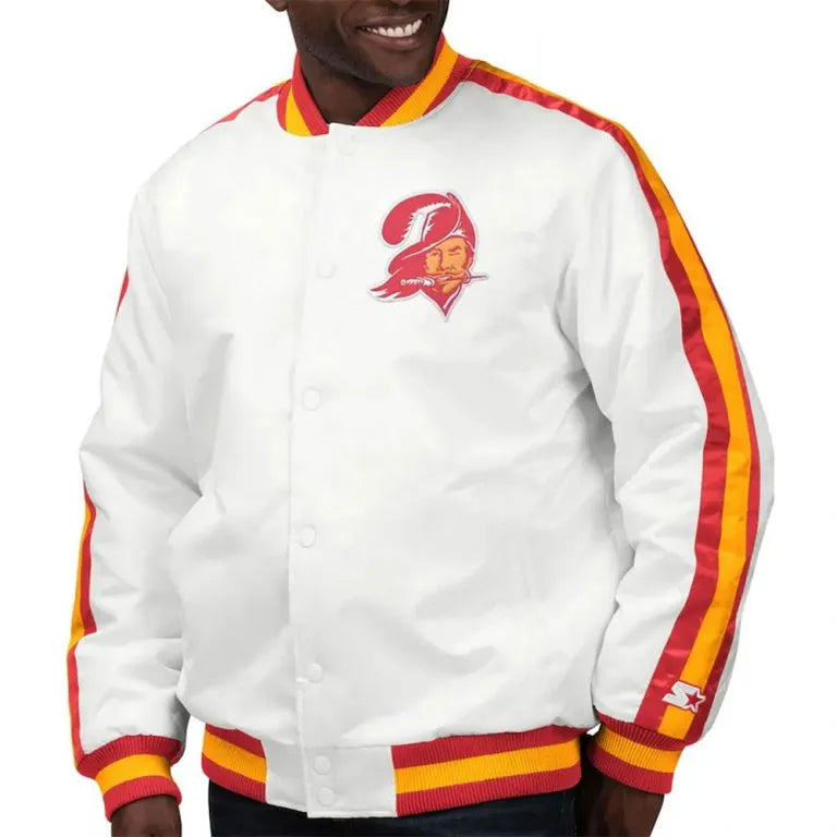 Tampa Bay Buccaneers Throwback D-Line Full-Snap Varsity White Satin Men's Bomber Jacket