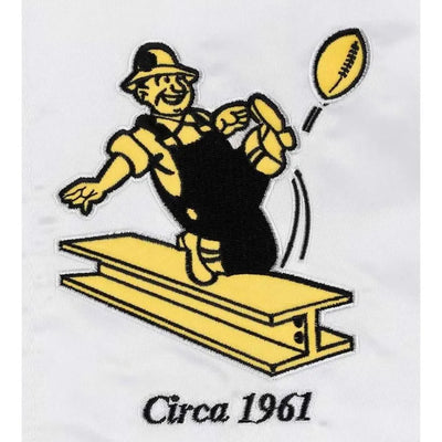 Pittsburgh Steelers Throwback Warm Up Pitch Black/White Varsity Satin Men's Bomber Jacket