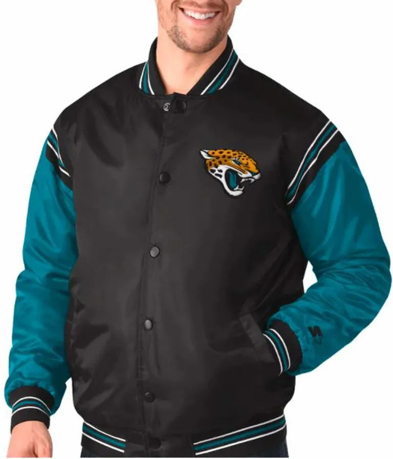 Jacksonville Jaguars Full-Snap Varsity Black and Blue Satin Men's Bomber Jacket