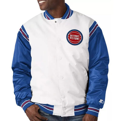 Detroit Pistons Renegade Full-Snap Varsity White/Blue Satin Men's Bomber Jacket