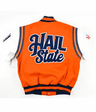 HBCU Virginia State University Motto 2.0 Orange Wool & White Genuine Leather Sleeves Men's Letterman Varsity Jacket