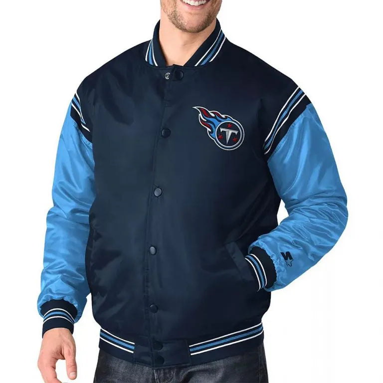 Tennessee Titans Enforcer Full-Snap Varsity Navy/Light Blue Satin Men's Bomber Jacket